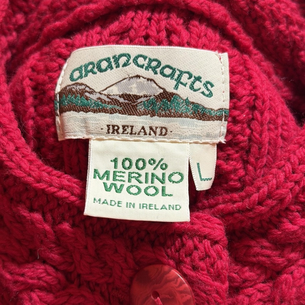 Aran Crafts Long Cardigan Sweater Womens L Red Wool Cable Knit Ireland Fisherman - Picture 12 of 16